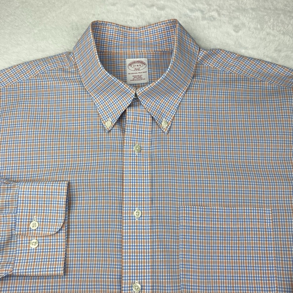 Brooks Brothers Mens Dress Shirt 17-4/5 Blue/Orange Plaid Regular Fit No Iron